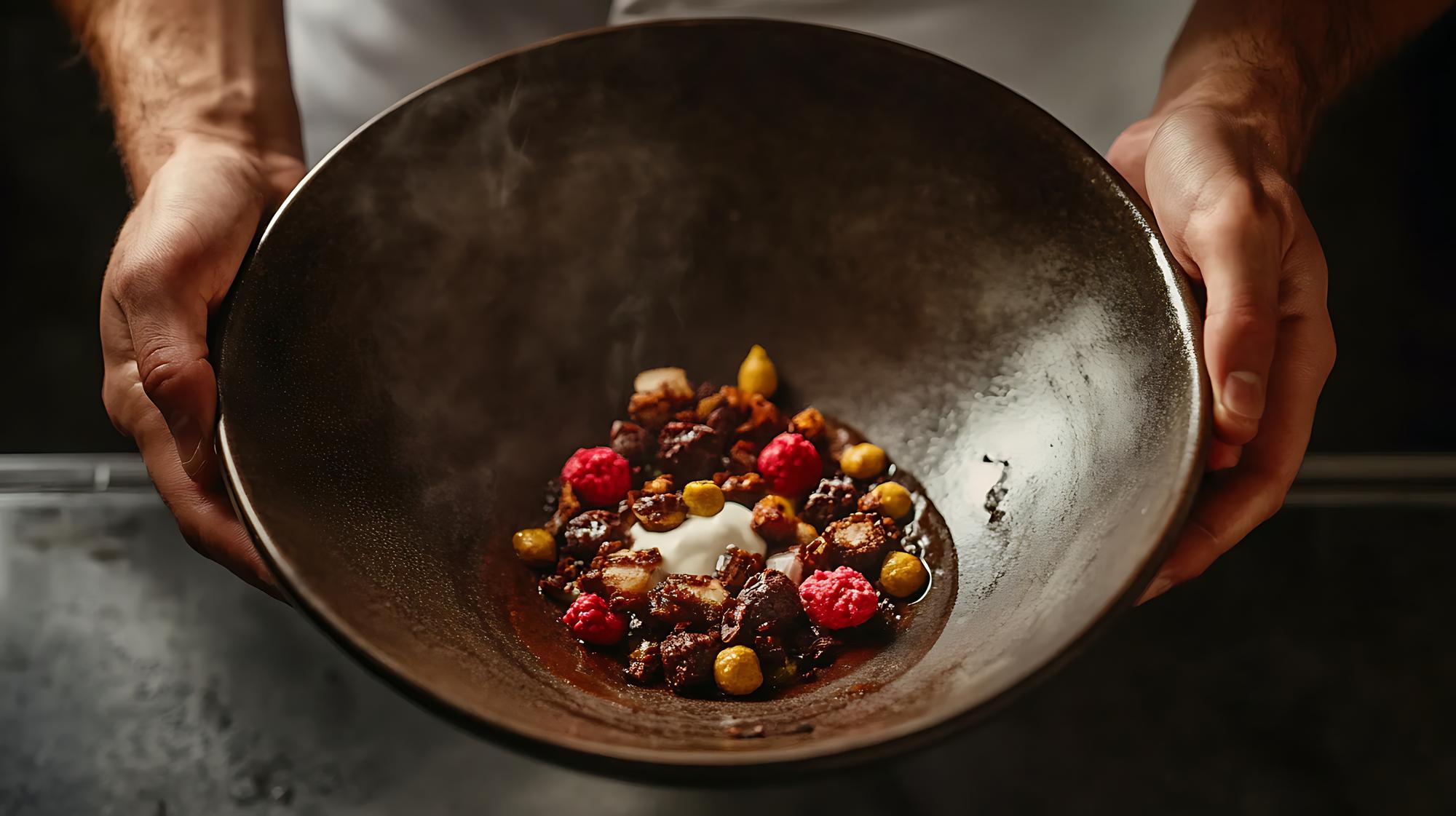 Chef arranging plated seasonal dish on a wooden table